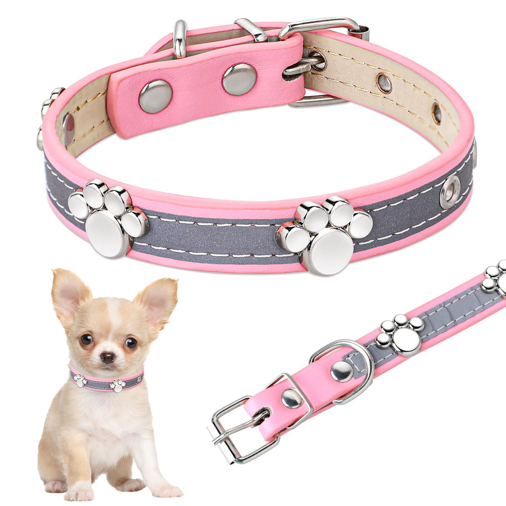 Reflective Dog Collar Pink Leather Dog Collar for Small Medium Large Dogs Cats Adjustable Girl Puppy Dog Collars with Cute Paw Rivet